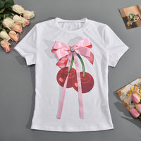 Big Ribbon Tied Cherry Printed Casual T Shirt