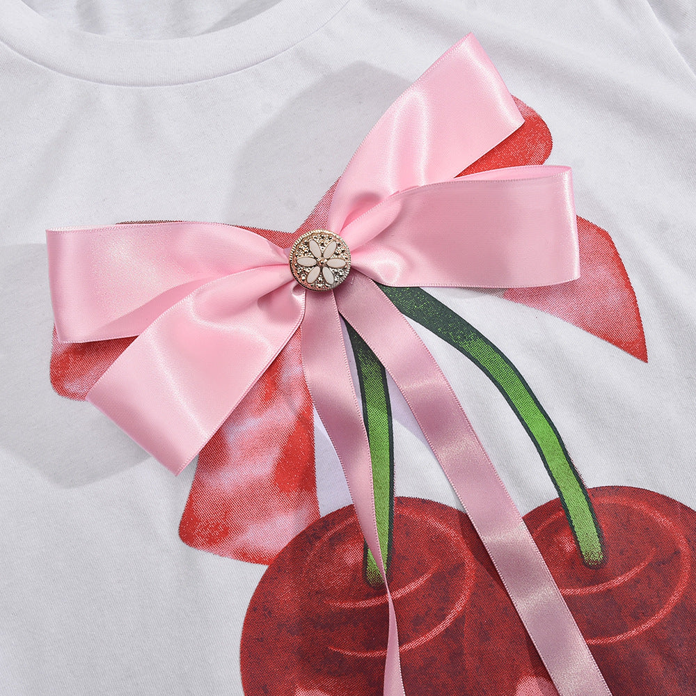 Big Ribbon Tied Cherry Printed Casual T Shirt