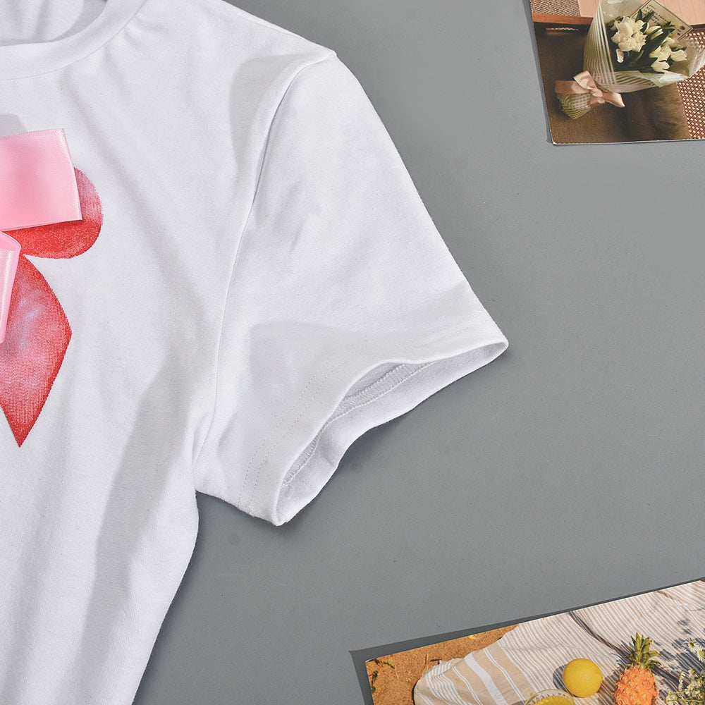 Big Ribbon Tied Cherry Printed Casual T Shirt