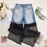 Mesh Laced Pointed Sexy Washed Casual Denim Pants