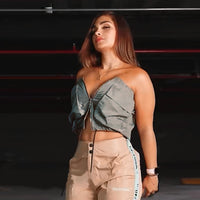 Off Shoulder Zipper Big Front Pockets Crop Top