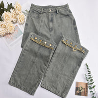 Washed Tassel Buttoned Straight Long Denim Pants