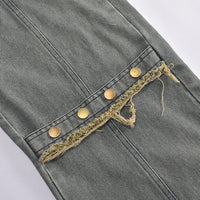 Washed Tassel Buttoned Straight Long Denim Pants