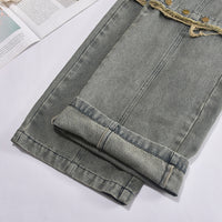 Washed Tassel Buttoned Straight Long Denim Pants