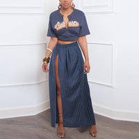 Striped Back Waist Side Silt Cotton Maxi Skirt