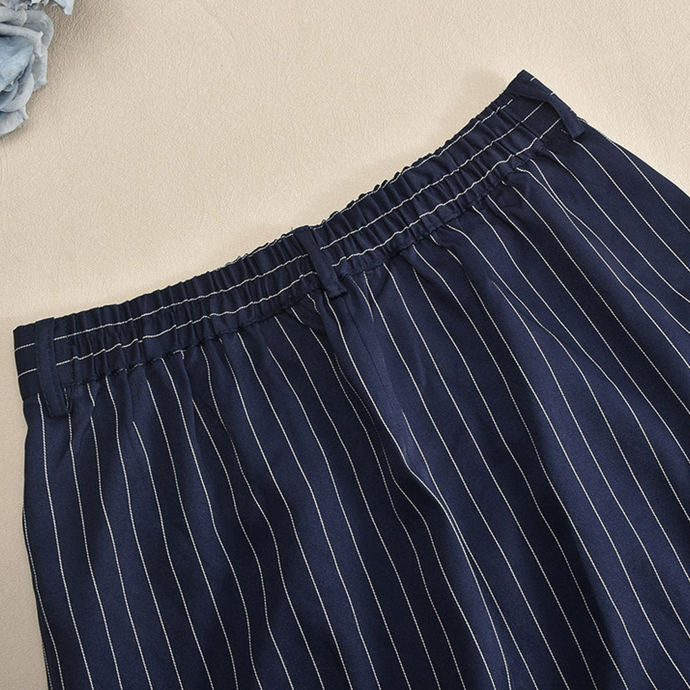 Striped Back Waist Side Silt Cotton Maxi Skirt