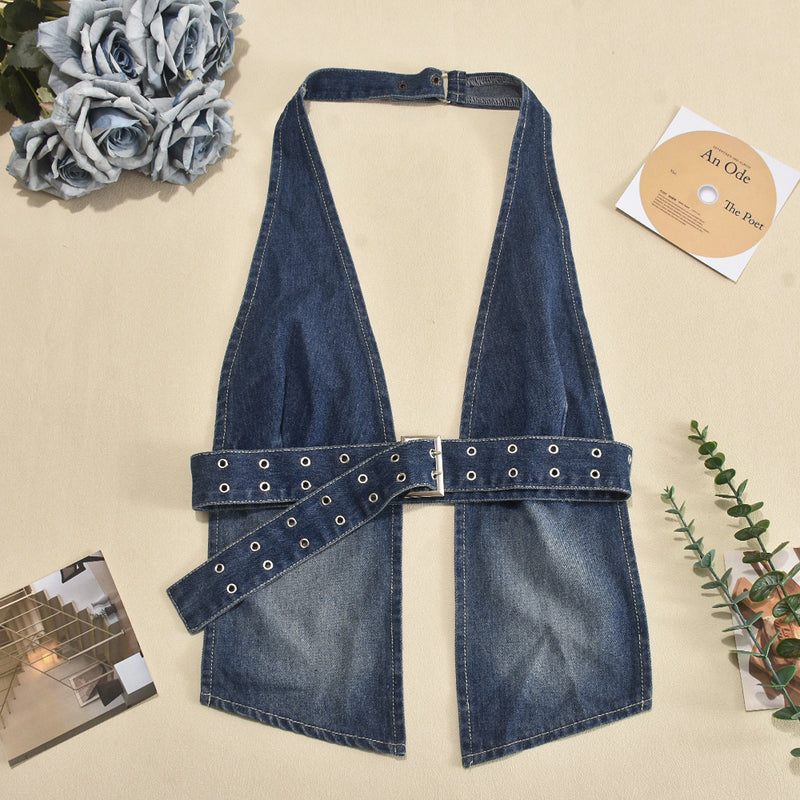 Sleeveless Open Front Washed Top With Adjustable Belt