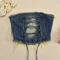 Washed Contrast Tassel Wrapped Sexy Denim Skirt Suit