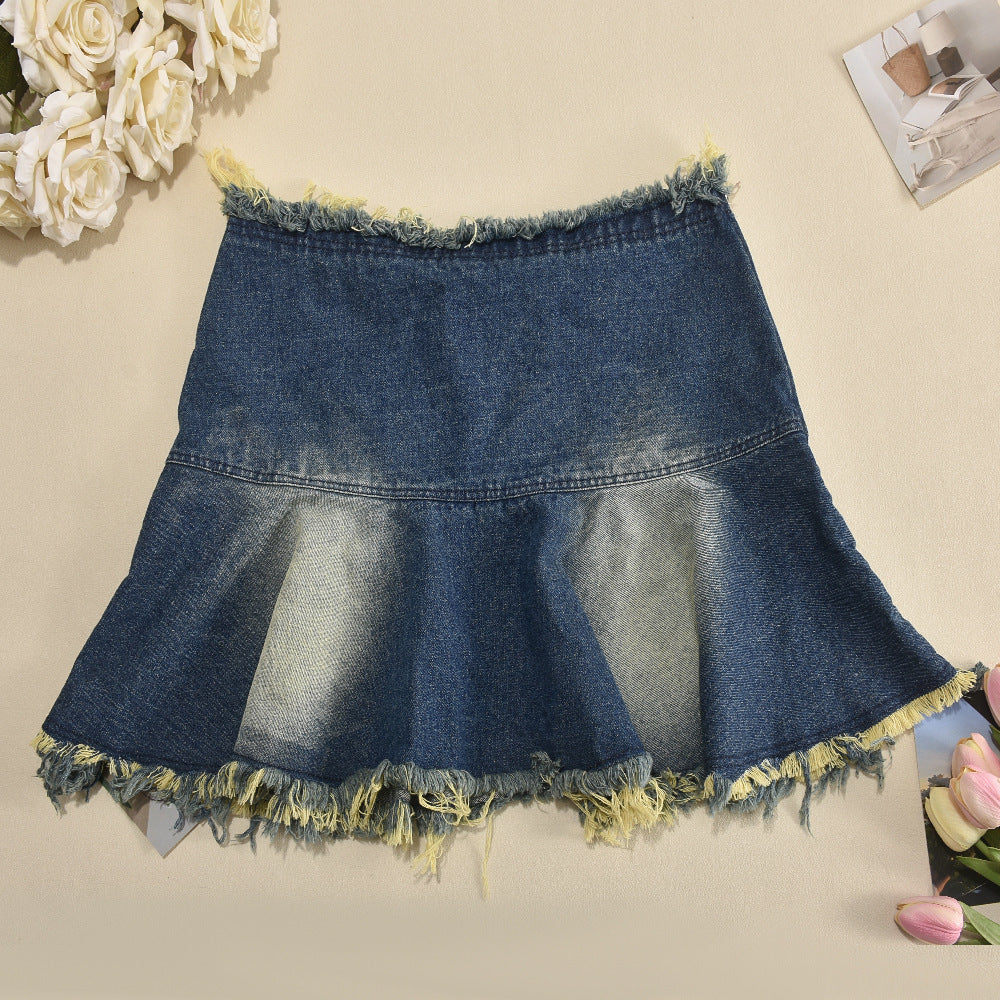 Washed Contrast Tassel Wrapped Sexy Denim Skirt Suit