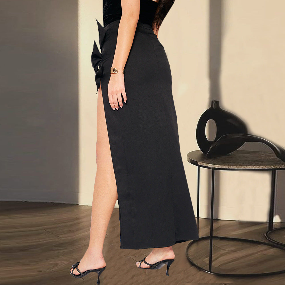 Bow Ribbon Closure Side Slit Sexy Maxi Skirt