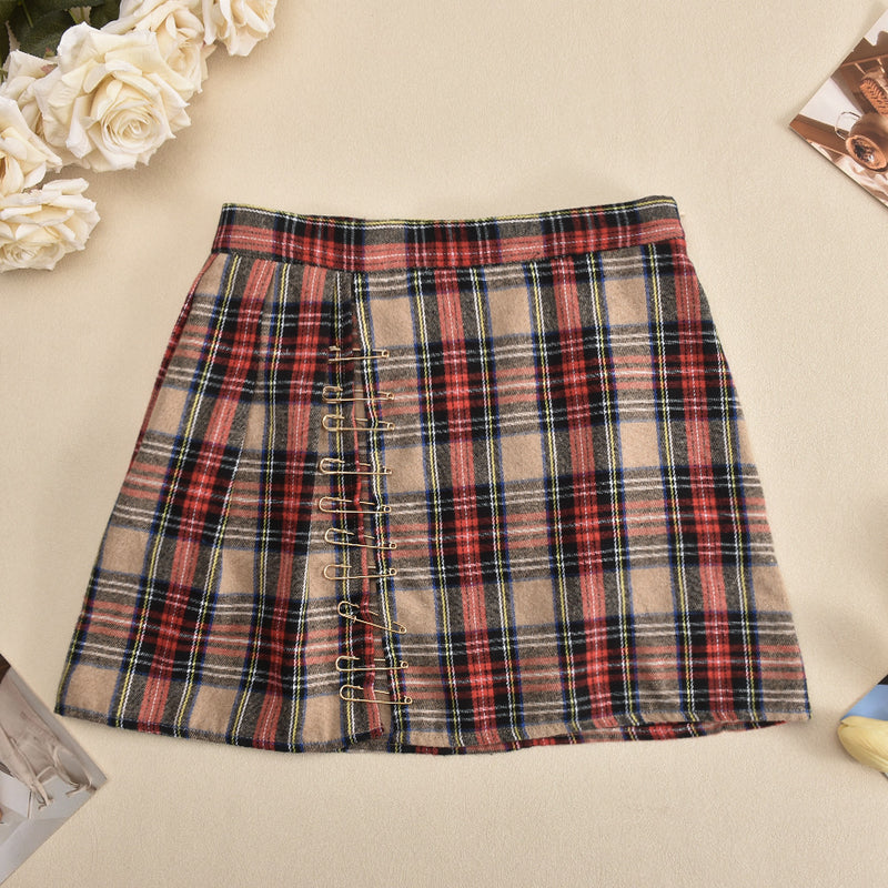 Plaid Printed Slit Pin Casual Mini Skirt