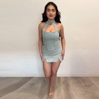 Elastic Buckle Neck Bodycon Sexy Mini Dress