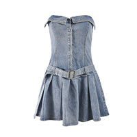 Stretch Off Shoulder Pleated Denim Dress