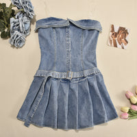 Stretch Off Shoulder Pleated Denim Dress