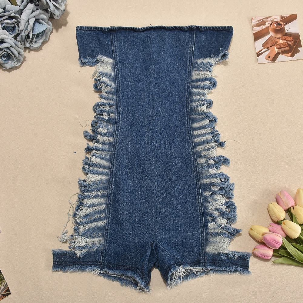 Cut Out Side Hole Back Zipper Washed Romper