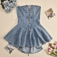 Twisted String Pointed Off Shoulder Denim Dress