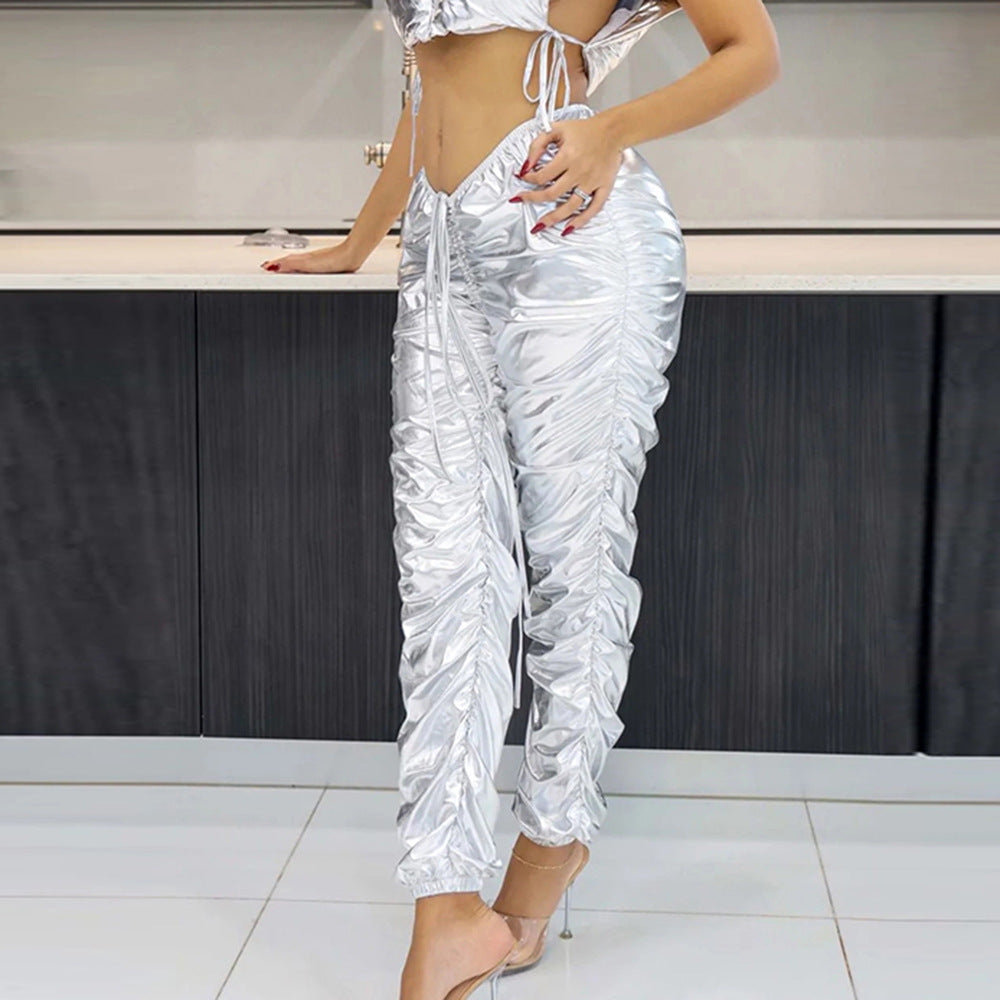 Drawstring Ruched Stretch Metallic Long Pants