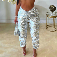 Drawstring Ruched Stretch Metallic Long Pants