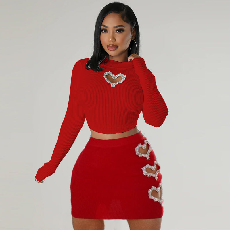 Long Sleeve Heart Pattern Hottie Top Mini Skirt Suit