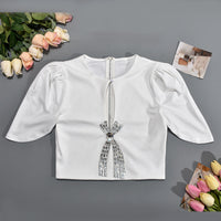 Butterfly Diamond Neck Puff Sleeve T Shirt