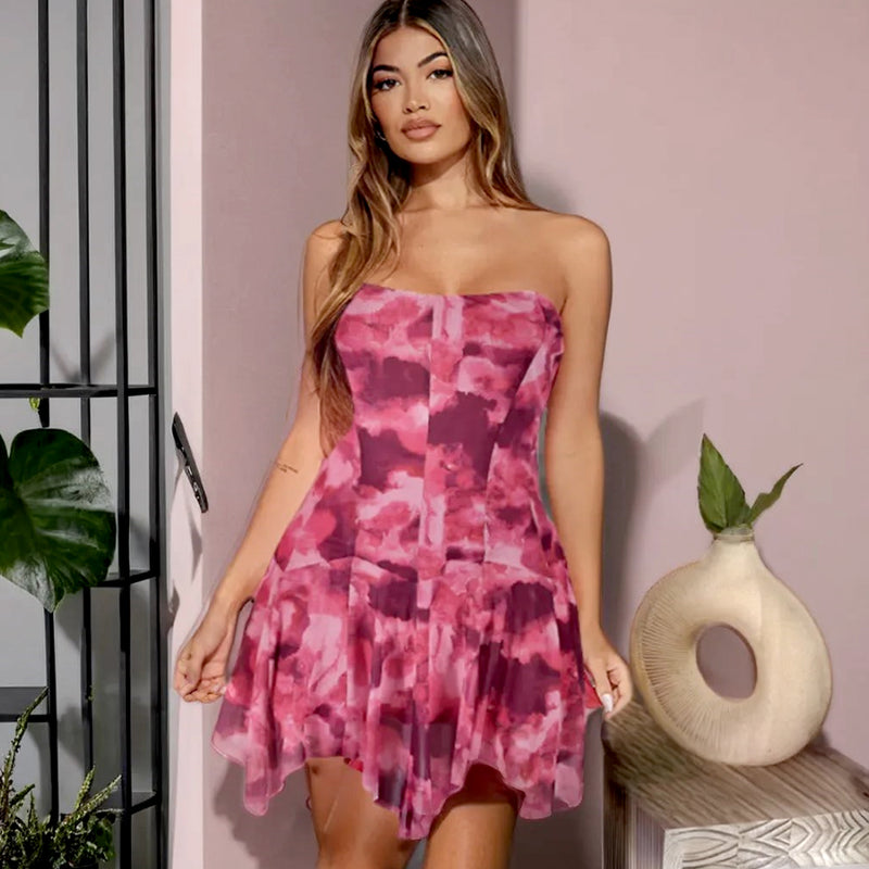 Elastic Wrap Tie Dyed Zipper Mesh Sexy Midi Dress