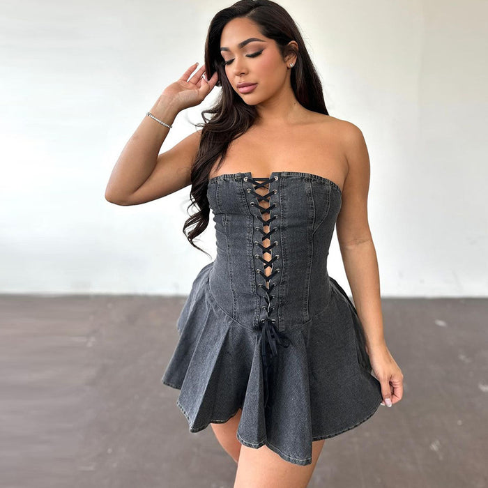 Twisted String Pointed Off Shoulder Denim Dress