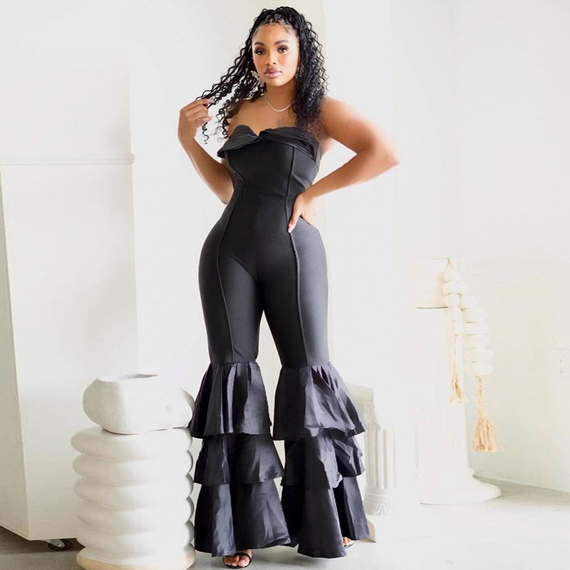 Off Shoulder Wrapped Big Horn Wide Leg Jumpsuit