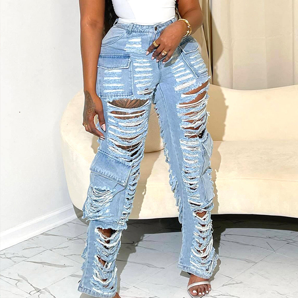 Sexy Hole Washed Cut Out Straight Denim Pants