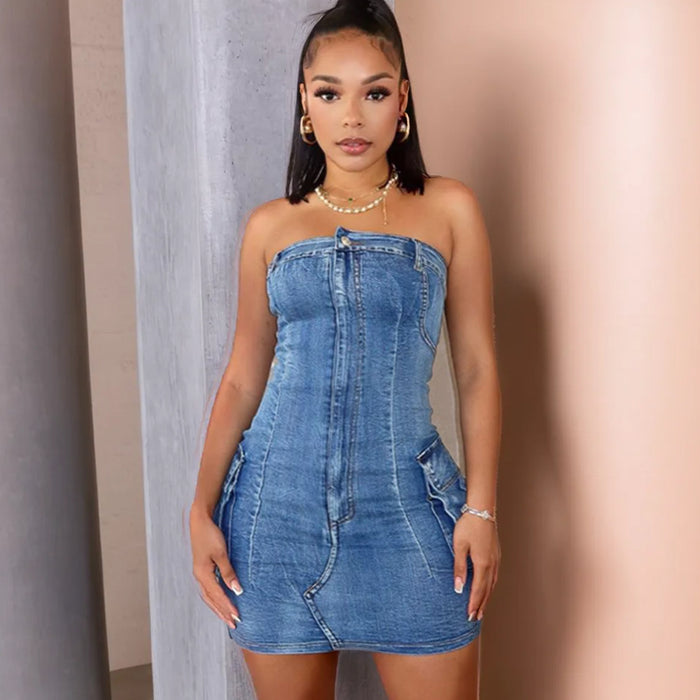 Tube Top Washed Button Stretch Denim Dress