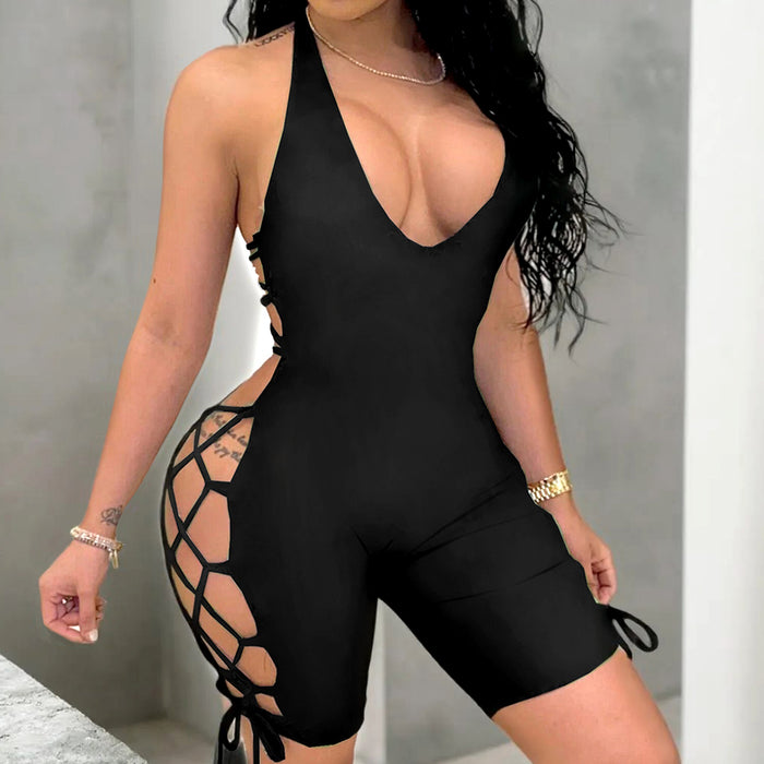 Sexy Side Slit Halter Neck Hollow Strap Romper