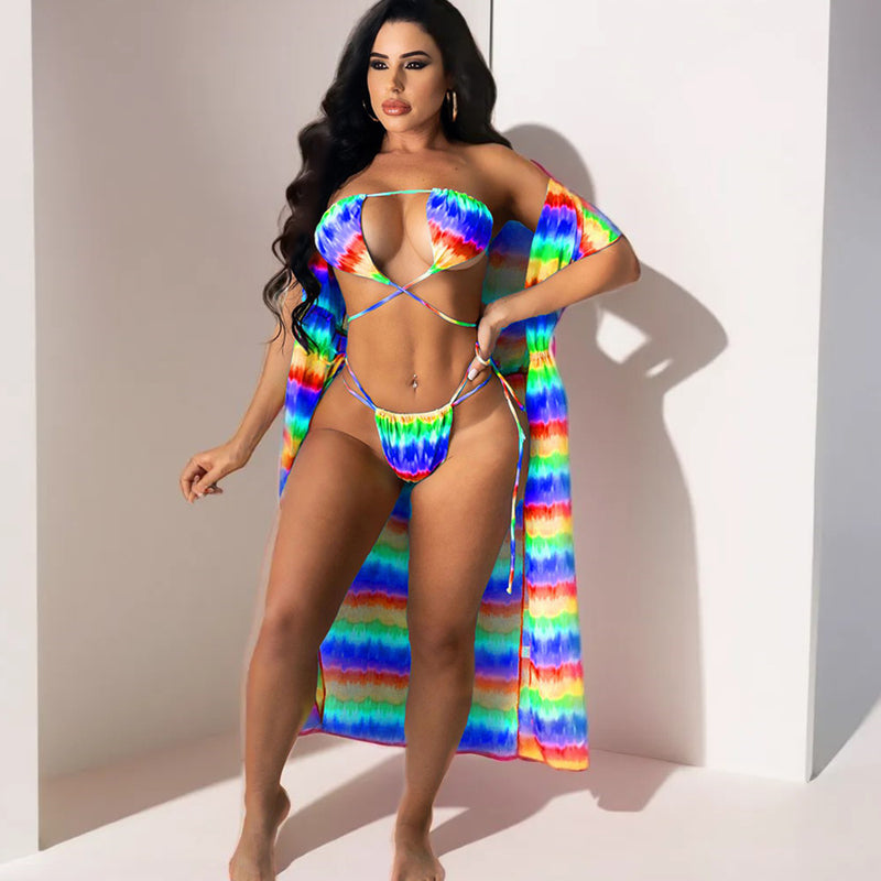 Sexy Printed Cape Bikini Split Swimsuit 3 Piece Set