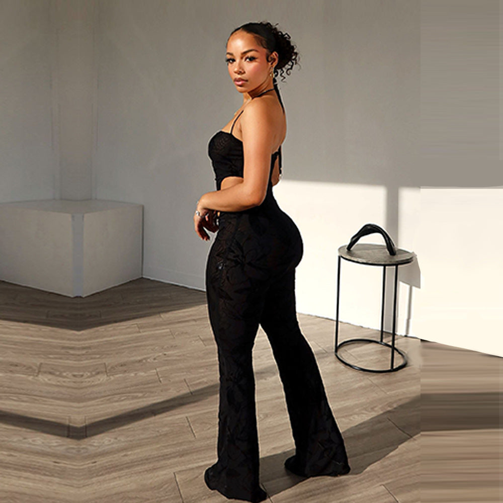 Summer Halter Neck Backless Mesh Slim Fit Jumpsuit