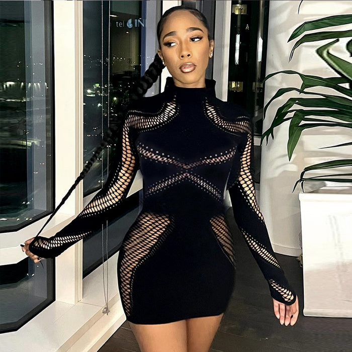 High Turtle Neck Sexy Mesh Mini Dress