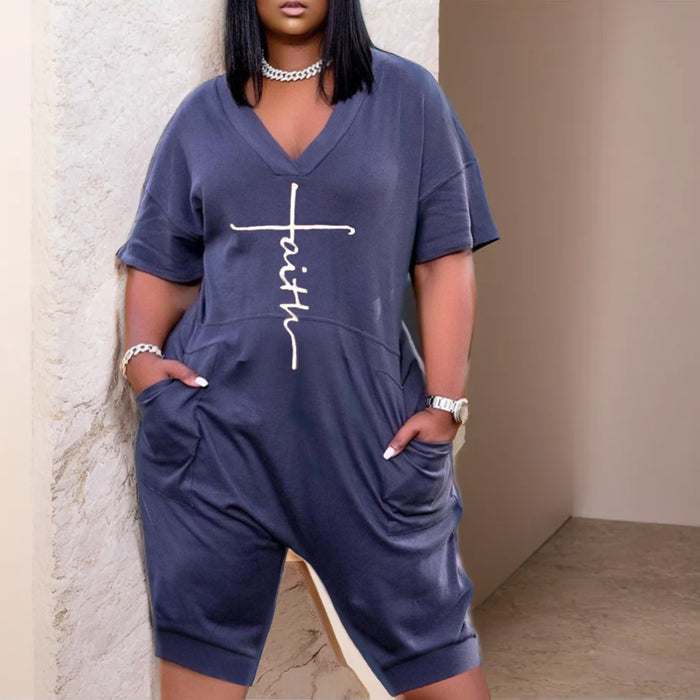 Women's Short Sleeve Lettering Over Fit Casual Jumpsuit