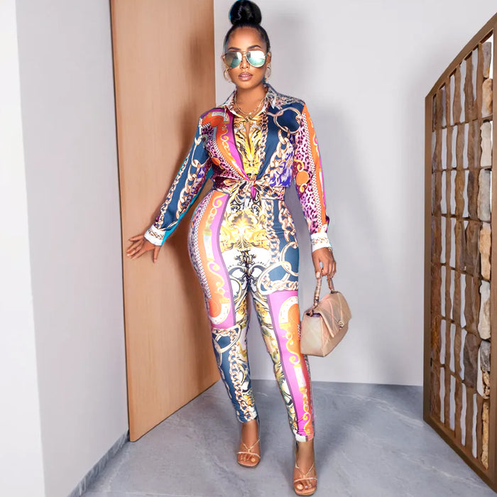 Long Sleeve Florarl Printed Shirt Pants Suit