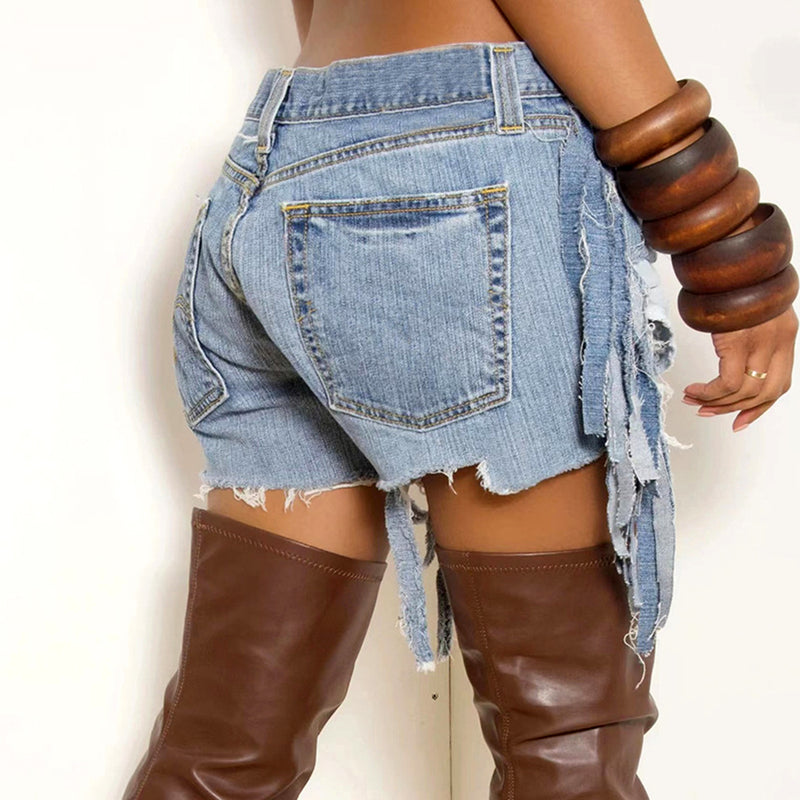 Washed High Waist Tassel Denim Shorts