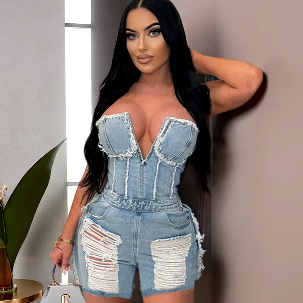 Hole Zipper Short Chest Wrapped Denim Romper