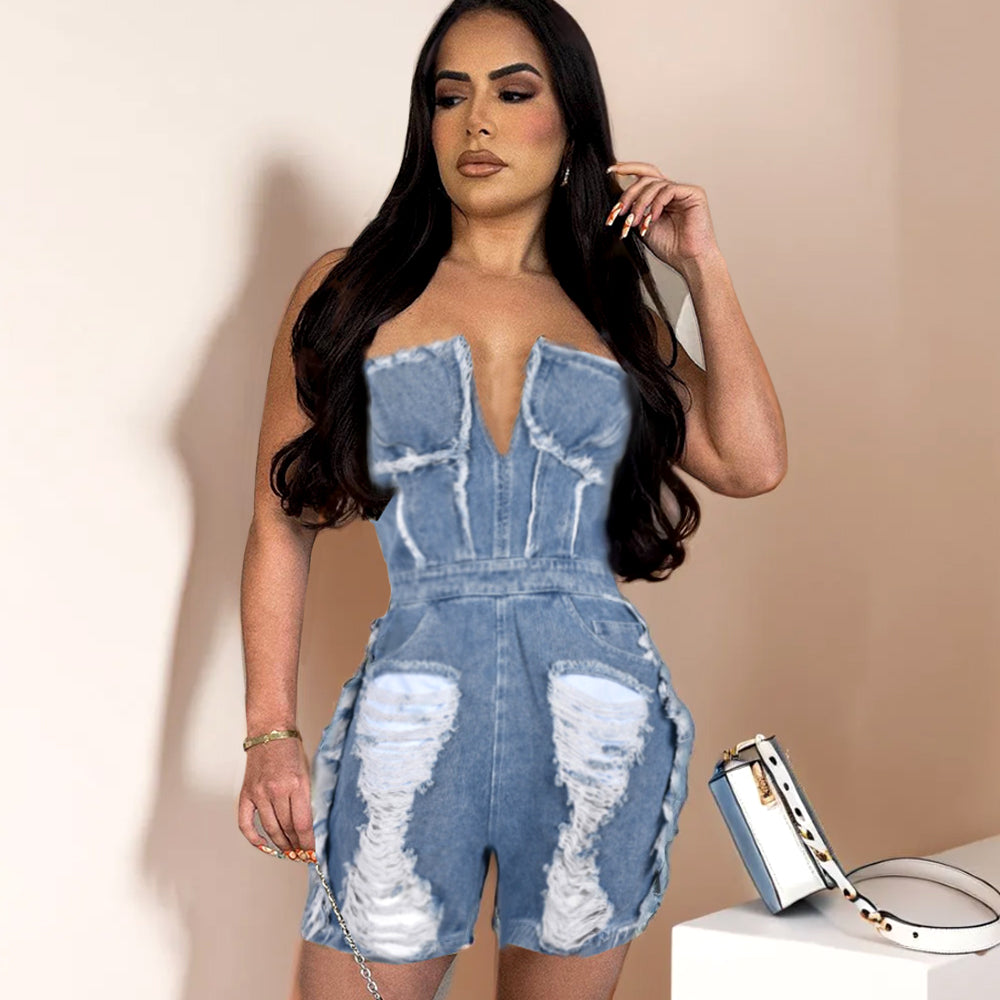 Hole Zipper Short Chest Wrapped Denim Romper