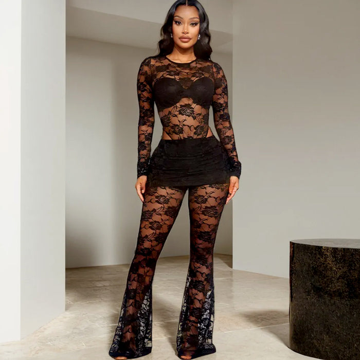 Flower Lace Long Sleeve Round Neck Bodysuit Skirt Pants Suit