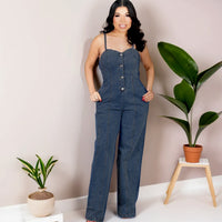 Suspenders Wrapped Buttoned Washed Jumpsuit