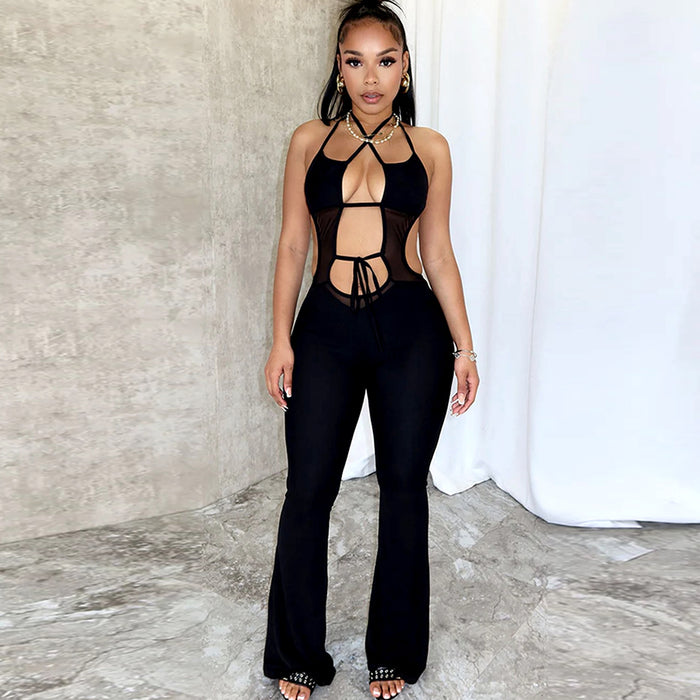 Sleeveless Halter Neck Double Strapy Wide Leg Jumpsuit