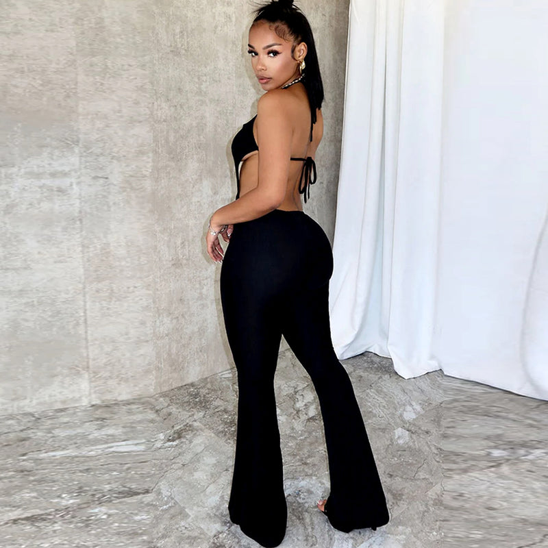 Sleeveless Halter Neck Double Strapy Wide Leg Jumpsuit