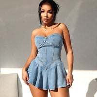 Backless Lotus Leaf Frill Hem Denim Mini Dress