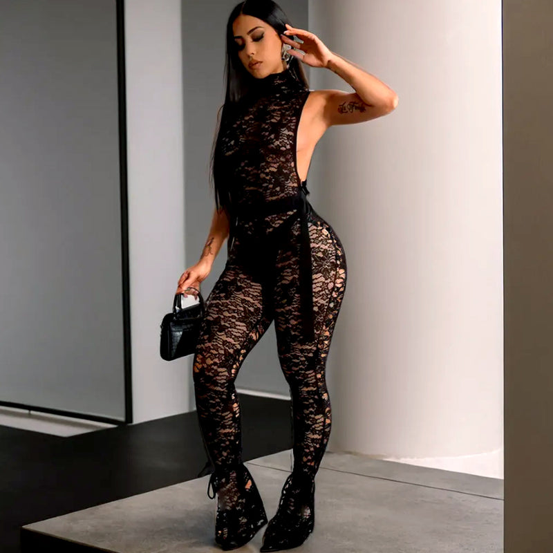 Turtle Neck Sexy Lace See Through Pants Suit