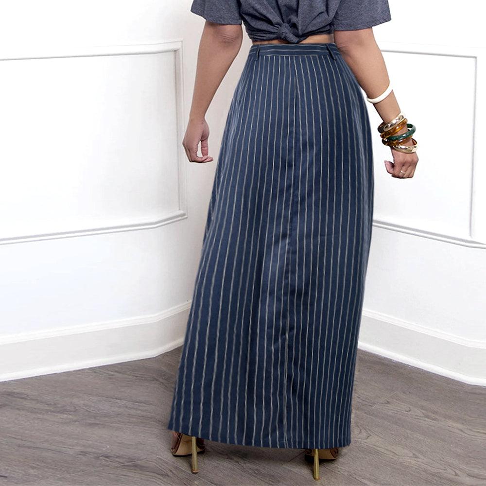 Striped Back Waist Side Silt Cotton Maxi Skirt