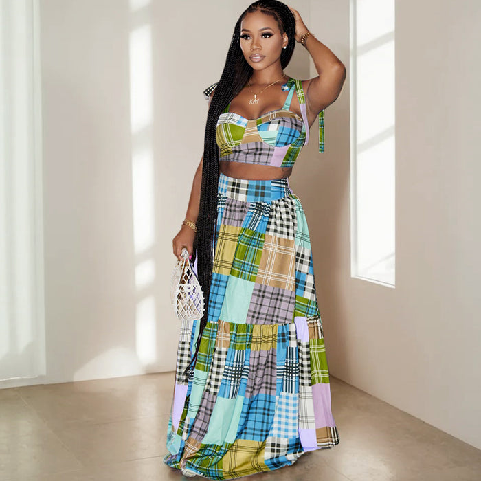 Sleeveless Bra Top Plaid Printed Swing Skirt Suit