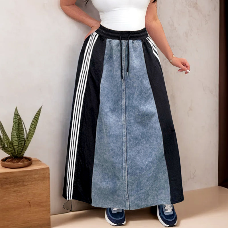 Casual Striped A-Line Loose Fit Denim Long Skirt