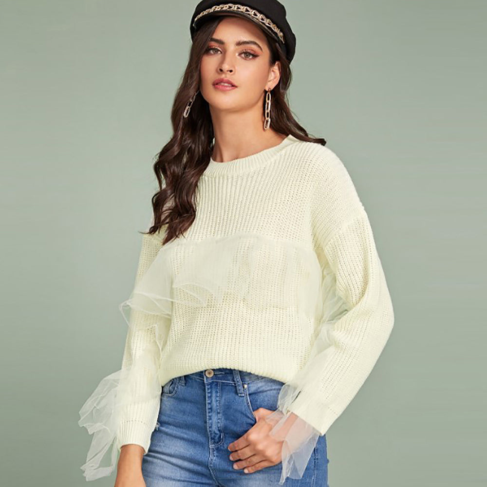 Long Sleeve Mesh Ruffled Stitching Casual Sweater