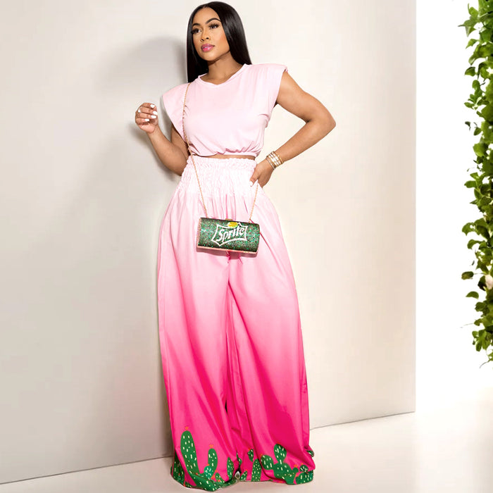 Cap Sleeve Round Neck Top Cactus Wide Leg Pants