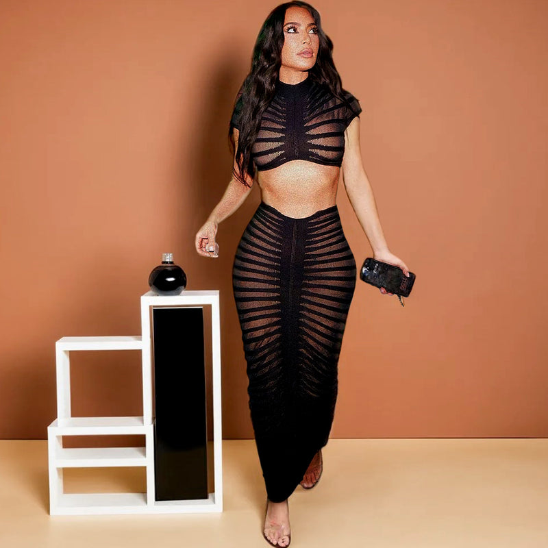 Stripe See Through Nightclub Maxi Skirt Suit